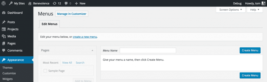 Creating a new menu in the WordPress Administration Panel.