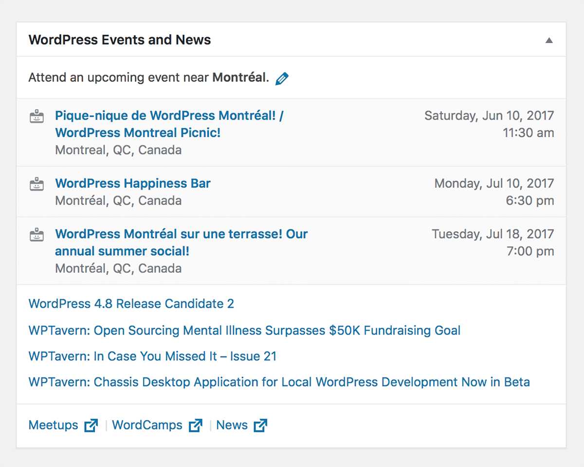 WordPress Events and News Dashboard Widget - What's new in WordPress 4.8