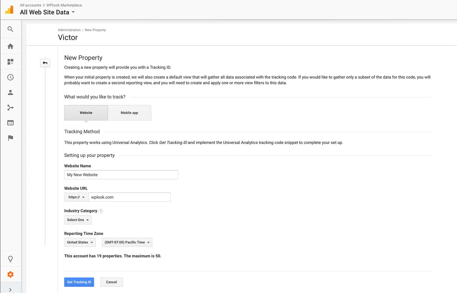 Google Analytics - Creating a new property.