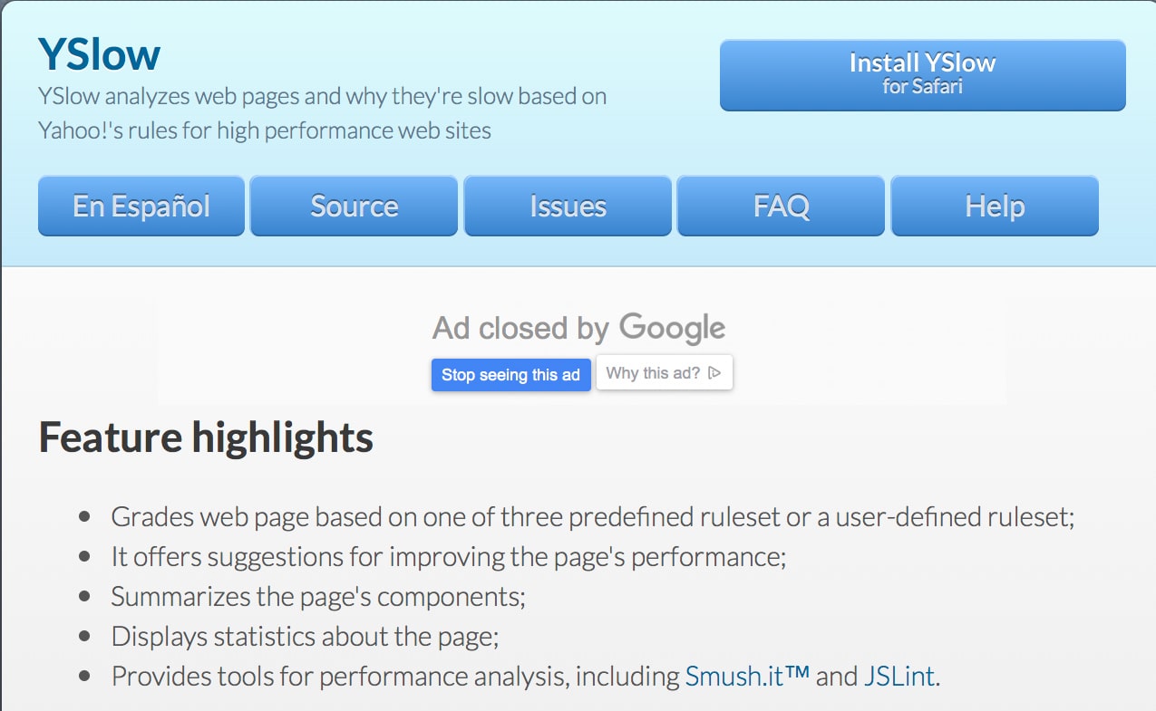YSlow website speed analysis tool based on Yahoo performance rules