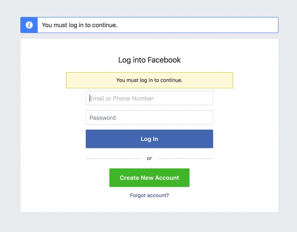 Facebook login. Must log in