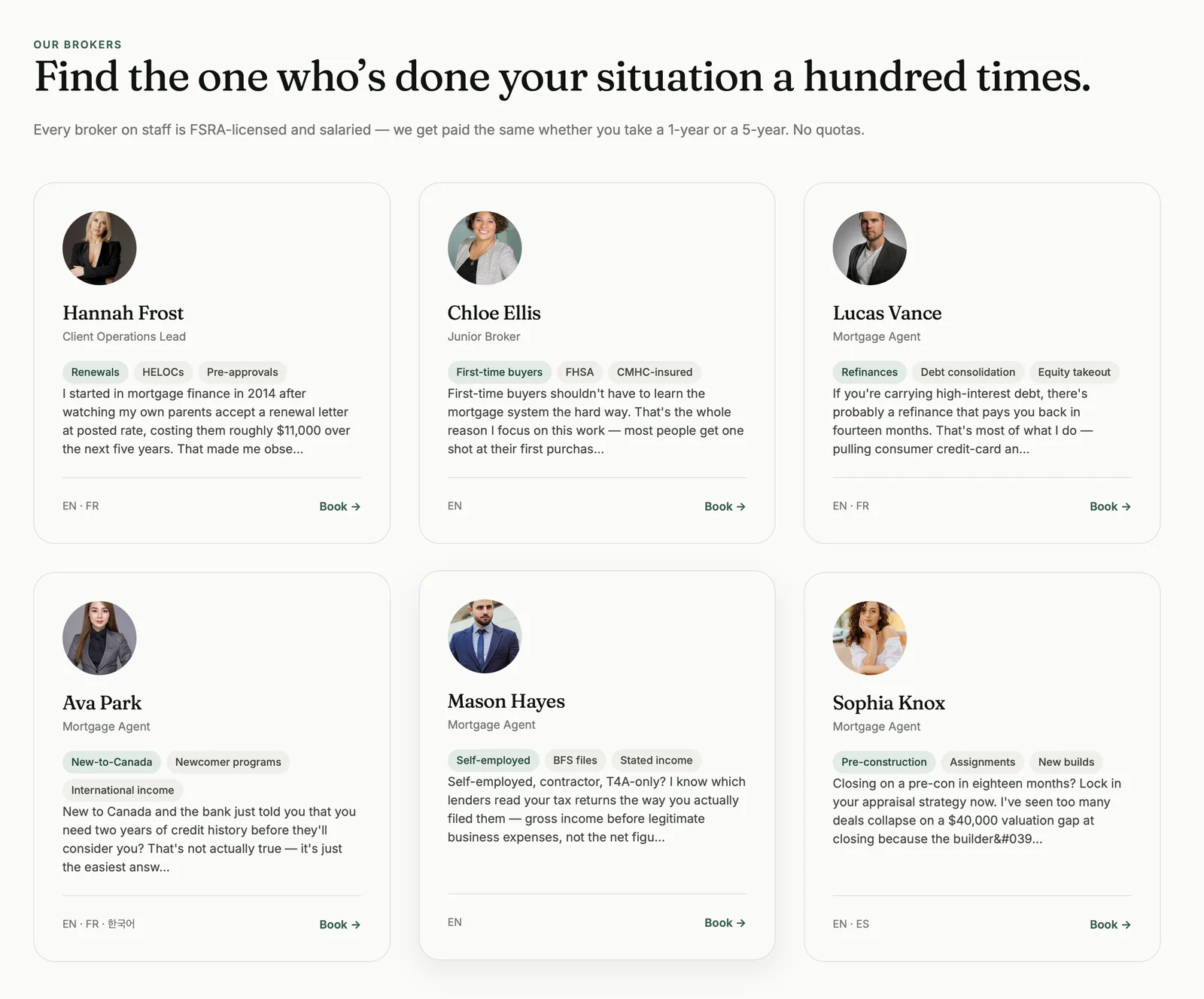 Brokers team bios block in The Broker mortgage broker WordPress theme showing agent profiles and FSRA license details