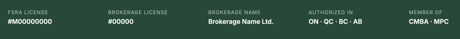 FSRA license compliance toolbar with broker license number and authorized provinces in The Broker WordPress theme