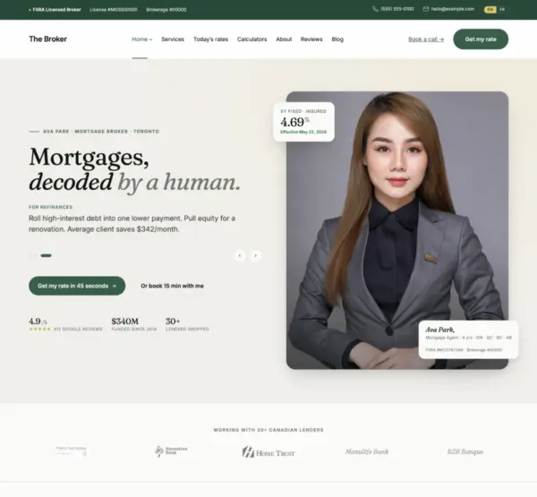 The Broker mortgage broker WordPress theme with live Canadian rates, mortgage calculators, and FSRA compliance fields