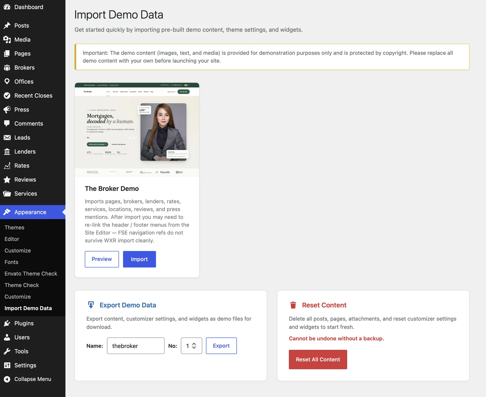 One-click demo import in The Broker WordPress theme loading pages, brokers, lenders, rates, and reviews
