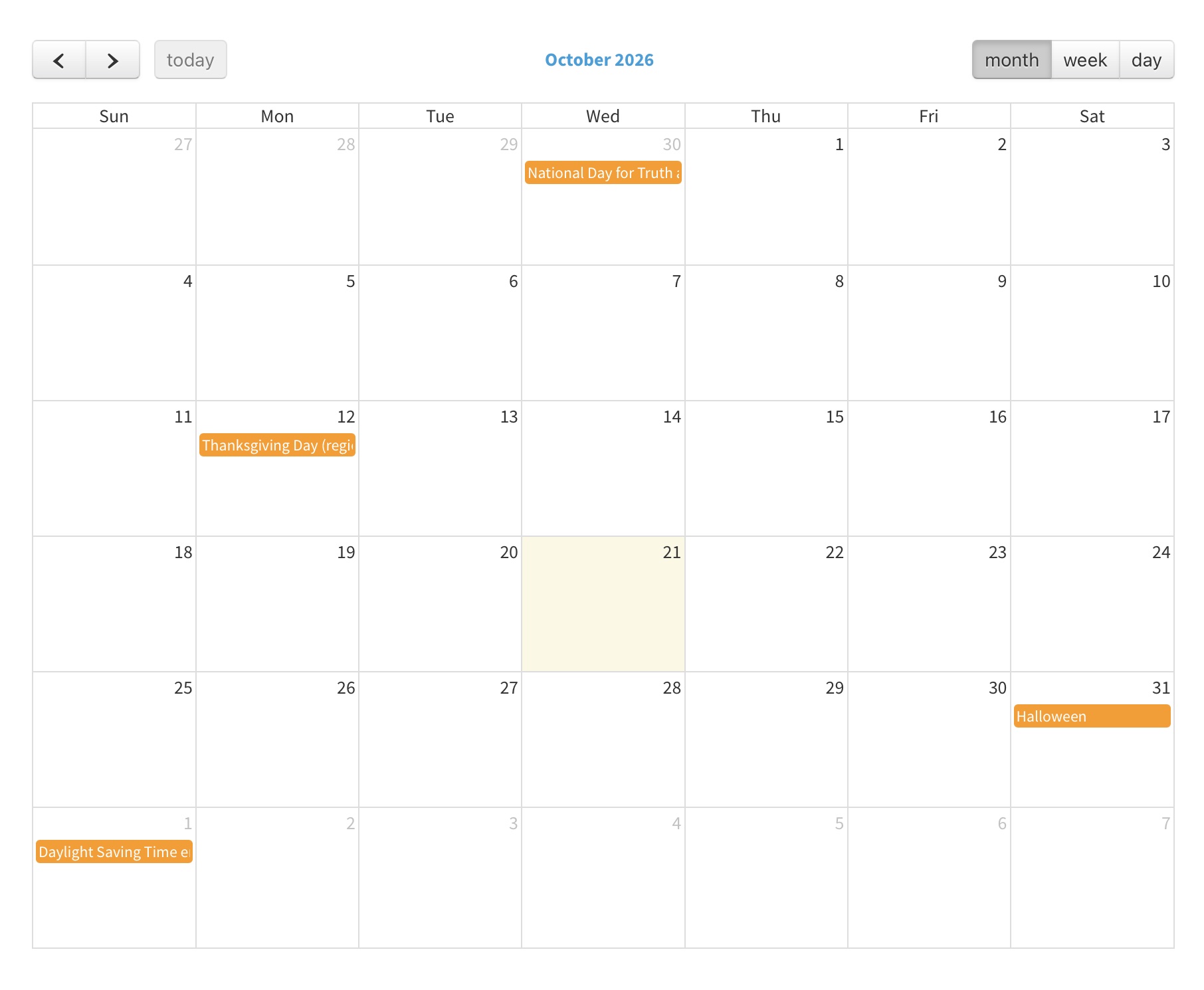 Benevolence church WordPress theme Google Calendar page showing October 2026 events