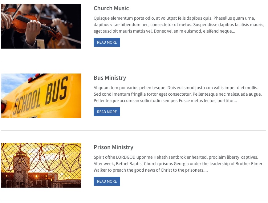 Benevolence church WordPress theme ministries list with church music, bus ministry and prison ministry