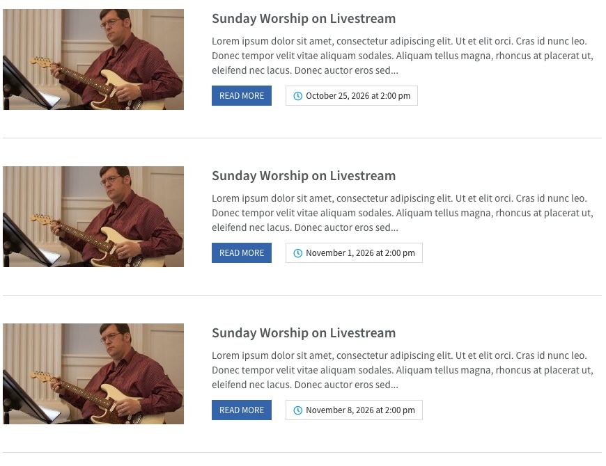 Benevolence church WordPress theme upcoming events list with a weekly Sunday worship service repeating automatically